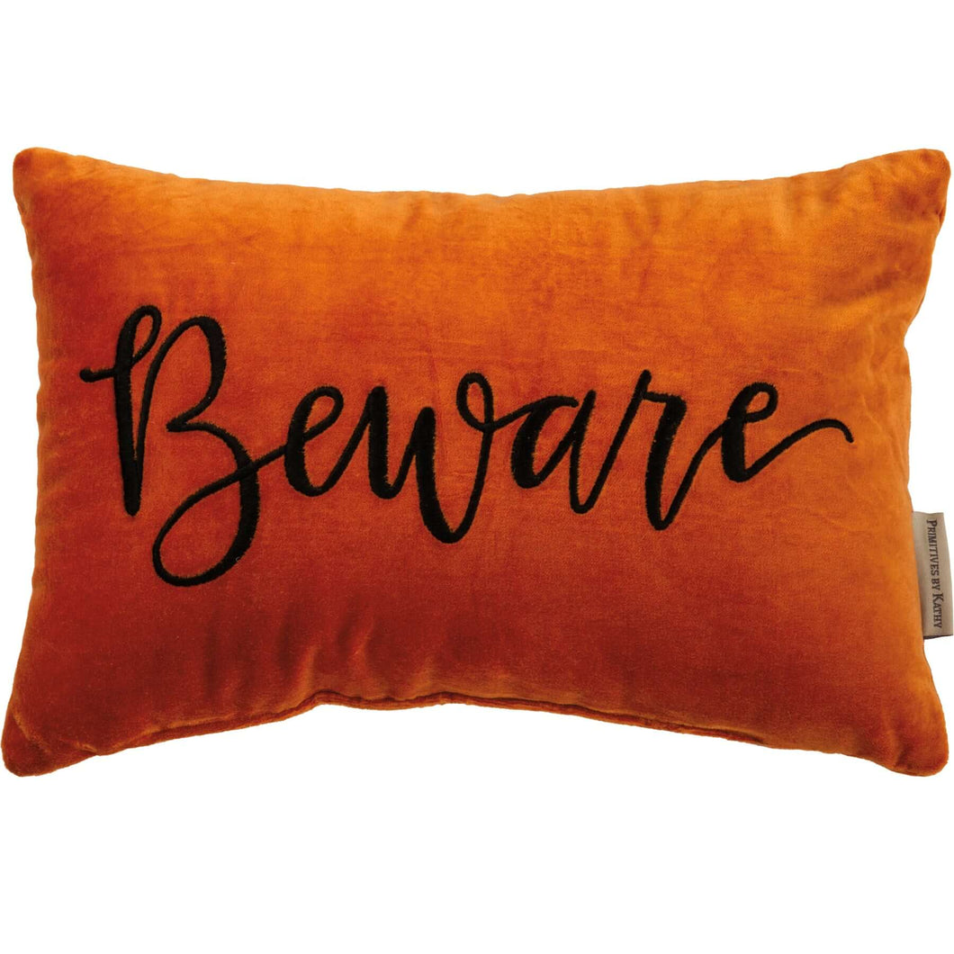 Beware Orange Velvet Pillow