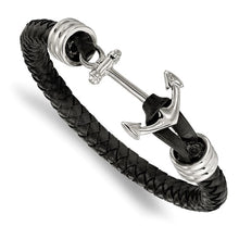Load image into Gallery viewer, Chisel Stainless Steel Polished Anchor Black Braided Leather Bracelet