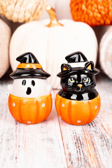 Ghost and Black Cat Salt and Pepper Shaker Set