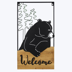 Wood and Black Metal Bear Wall Welcome Sign