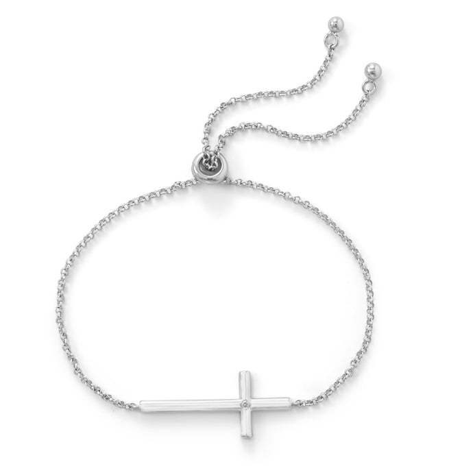 Rhodium Plated Sideways Cross Bolo Bracelet with Diamond - SoMag2