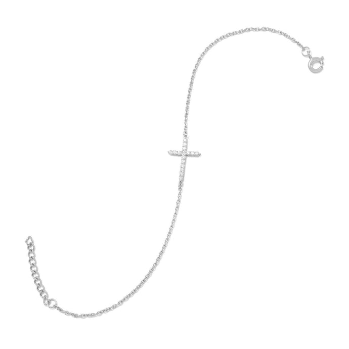 Rhodium-Plated CZ Sideways Cross Bracelet - SoMag2