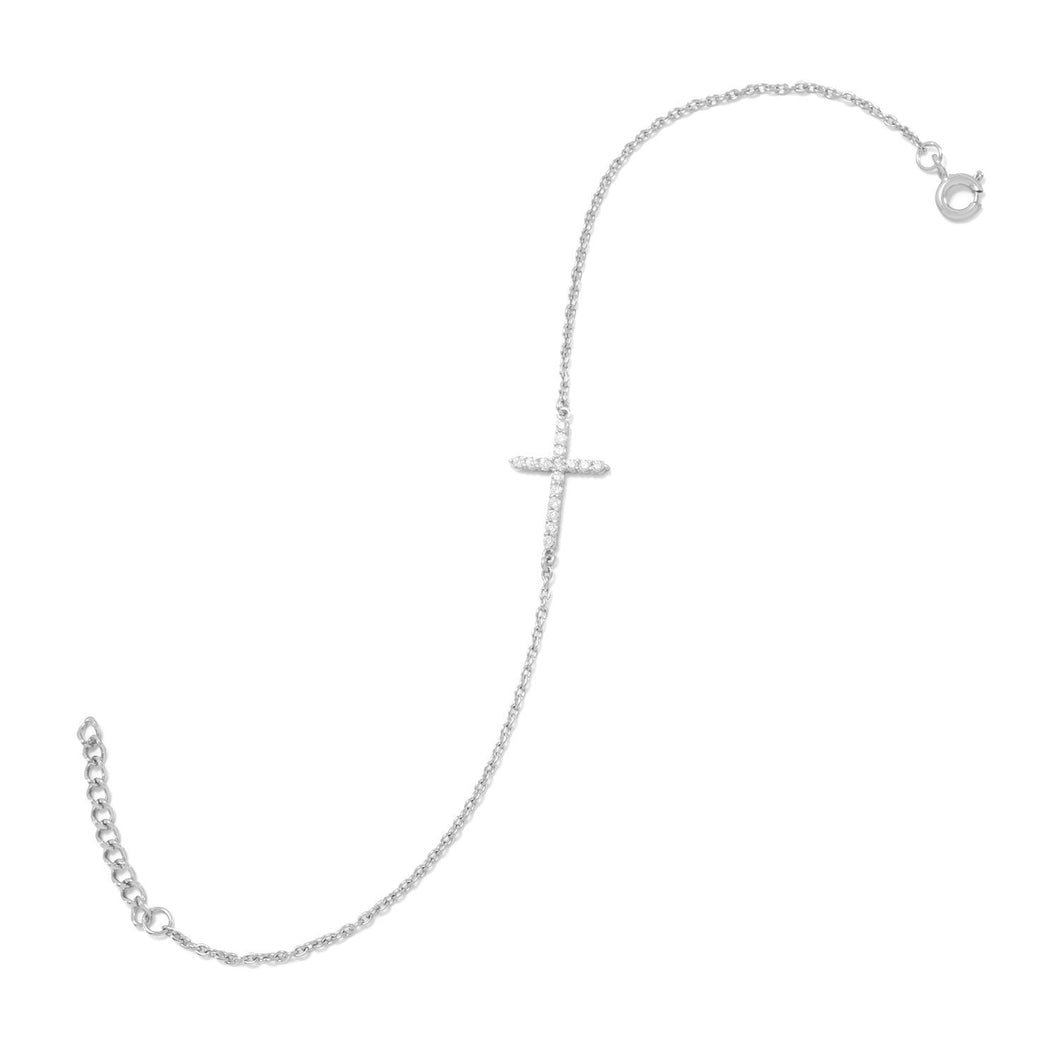 Rhodium-Plated CZ Sideways Cross Bracelet - SoMag2