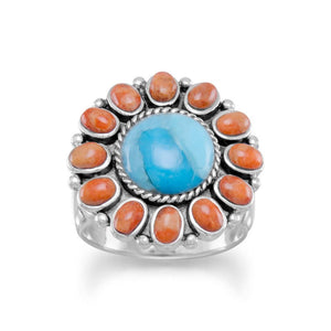 Reconstituted Turquoise and Coral Sunburst Ring - SoMag2